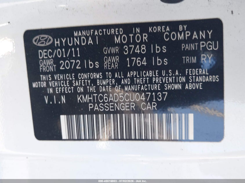 2012 Hyundai Veloster VIN KMHTC6AD5CU047137 IAAI salvage auction — FRONT END, Salvage (California), sold $2,000 on 2026-08-20 (photo 9)