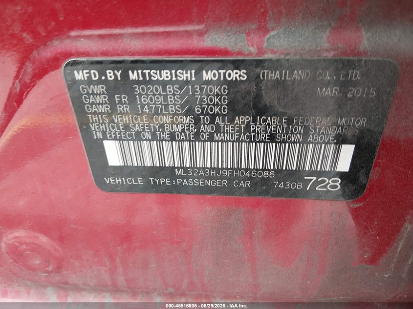 2015 Mitsubishi Mirage VIN ML32A3HJ9FH046086 IAAI salvage auction — NORMAL WEAR, Clear (Florida), sold $200 on 2026-07-24 (photo 9)