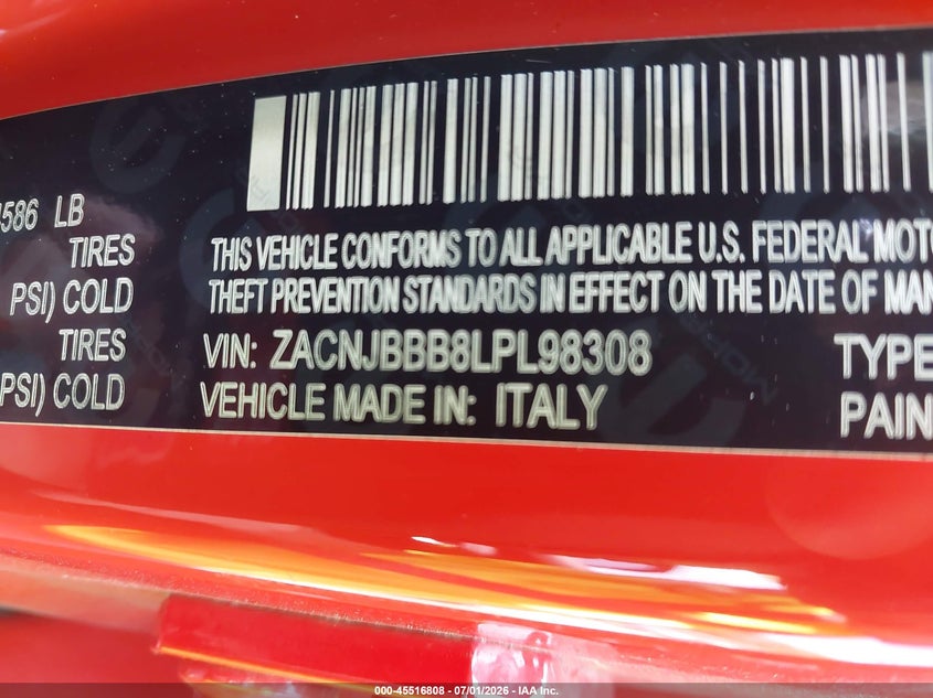 2020 Jeep Renegade VIN ZACNJBBB8LPL98308 IAAI salvage auction — FRONT END, Wait Title, sold $1,900 on 2026-08-04 (photo 9)
