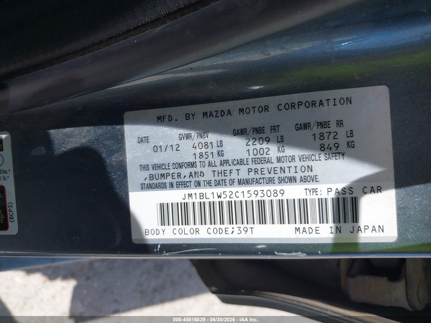 2012 Mazda 3 VIN JM1BL1W52C1593089 IAAI salvage auction — NORMAL WEAR, Original (Texas), sold $725 on 2026-07-22 (photo 9)