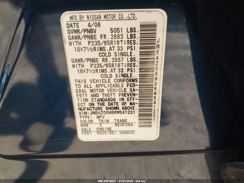 2006 Nissan Murano VIN JN8AZ08W86W541231 IAAI salvage auction — NORMAL WEAR, Clear (Virginia), sold $475 on 2026-07-09 (photo 9)