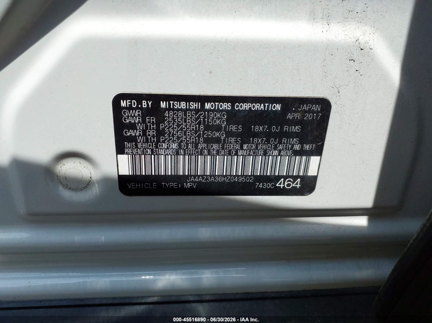 2017 Mitsubishi Outlander VIN JA4AZ3A36HZ049502 IAAI salvage auction — REAR END, Salvage (Idaho), sold $4,525 on 2026-07-30 (photo 9)