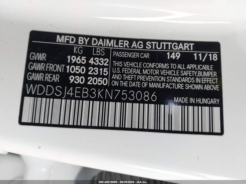 2019 Mercedes-benz Cla-klasse VIN WDDSJ4EB3KN753086 IAAI salvage auction — RIGHT FRONT, Salvage (California), sold $5,250 on 2026-08-03 (photo 9)