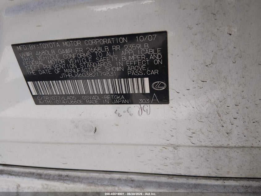 2008 Lexus Es 350 VIN JTHBJ46G382179831 IAAI salvage auction — NORMAL WEAR, Original (Texas), sold $1,050 on 2026-07-29 (photo 9)