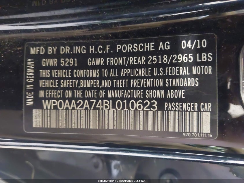 2011 Porsche Panamera VIN WP0AA2A74BL010623 IAAI salvage auction — NORMAL WEAR, Clear (New York), sold $2,550 on 2026-07-15 (photo 9)