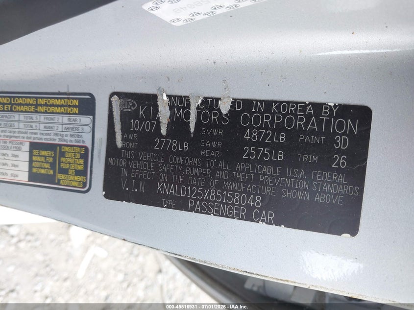 2008 Kia Amanti VIN KNALD125X85158048 IAAI salvage auction — NORMAL WEAR, Clear (Pennsylvania), sold $300 on 2026-07-21 (photo 9)