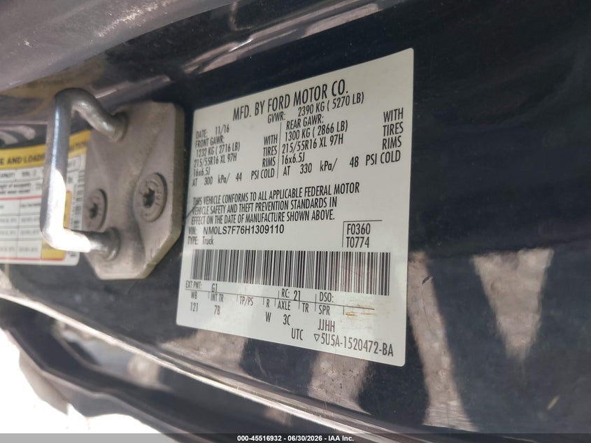 2017 Ford Transit VIN NM0LS7F76H1309110 IAAI salvage auction — FRONT END, Salvage Title, sold $725 on 2026-07-24 (photo 4)