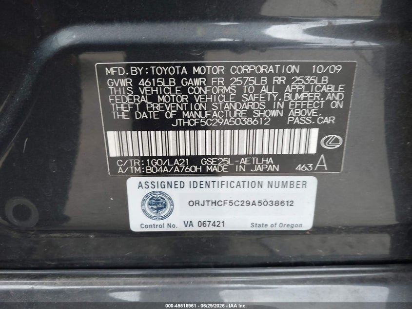 2010 Lexus Is 250 VIN JTHCF5C29A5038612 IAAI salvage auction — FRONT END, Clear (Washington), sold $1,100 on 2026-07-08 (photo 9)