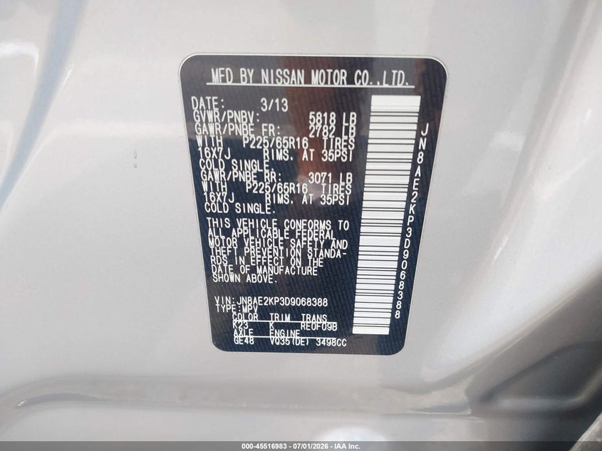 2013 Nissan Quest VIN JN8AE2KP3D9068388 IAAI salvage auction — RIGHT FRONT, Salvage (North Carolina), sold $750 on 2026-07-22 (photo 9)