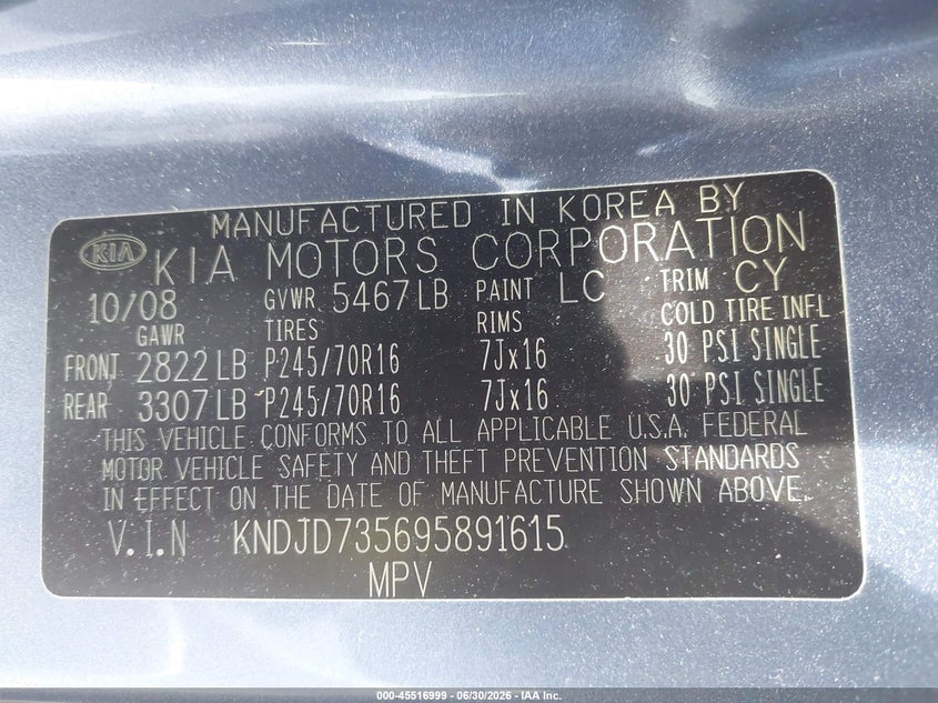2009 Kia Sorento VIN KNDJD735695891615 IAAI salvage auction — MECHANICAL, Salvage (Texas), sold $25 on 2026-07-29 (photo 9)