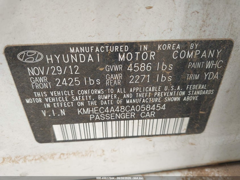 2012 Hyundai Sonata VIN KMHEC4A48CA058454 IAAI salvage auction — NORMAL WEAR, Original (Texas), sold $175 on 2026-07-21 (photo 9)