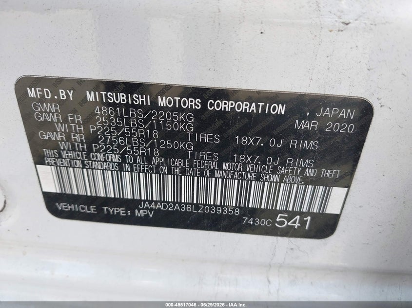 2020 Mitsubishi Outlander VIN JA4AD2A36LZ039358 IAAI salvage auction — NORMAL WEAR, Clear (Virginia), sold $3,800 on 2026-07-07 (photo 9)