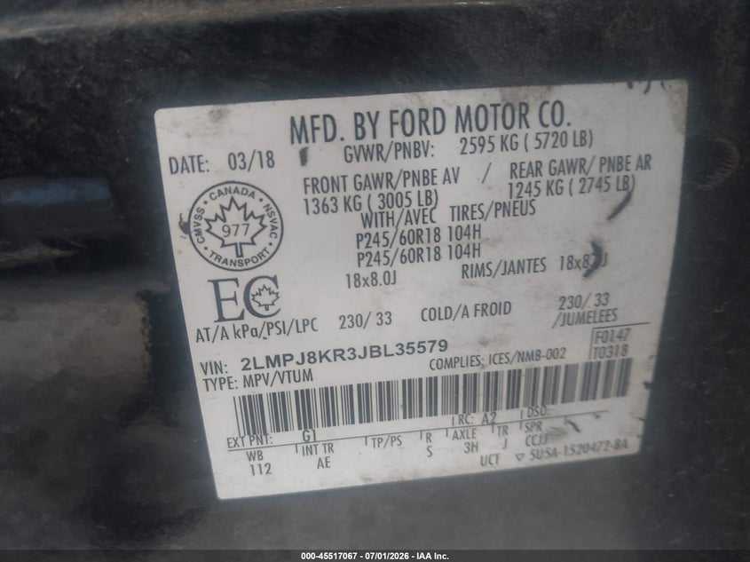 2018 Lincoln Mkx VIN 2LMPJ8KR3JBL35579 IAAI salvage auction — REAR END, Salvage Title, sold $2,850 on 2026-08-01 (photo 9)
