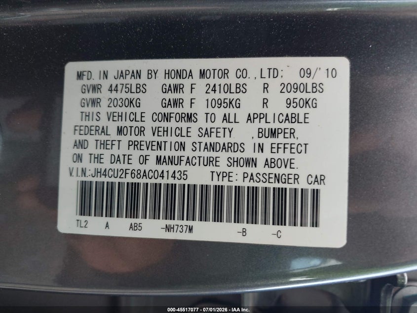 2010 Acura Tsx VIN JH4CU2F68AC041435 IAAI salvage auction — NORMAL WEAR, Clear (Florida), sold $2,450 on 2026-07-07 (photo 9)