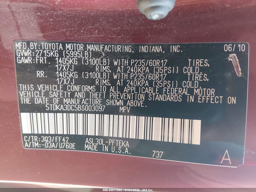 2011 Toyota Sienna VIN 5TDKA3DC5BS003097 IAAI salvage auction — NORMAL WEAR, Clear (Illinois), sold $1,400 on 2026-07-21 (photo 9)
