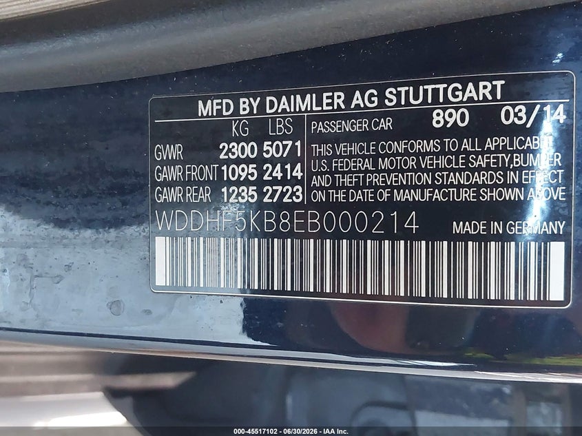 2014 Mercedes-benz E-klasse VIN WDDHF5KB8EB000214 IAAI salvage auction — NORMAL WEAR, Salvage (California), sold $500 on 2026-07-28 (photo 9)