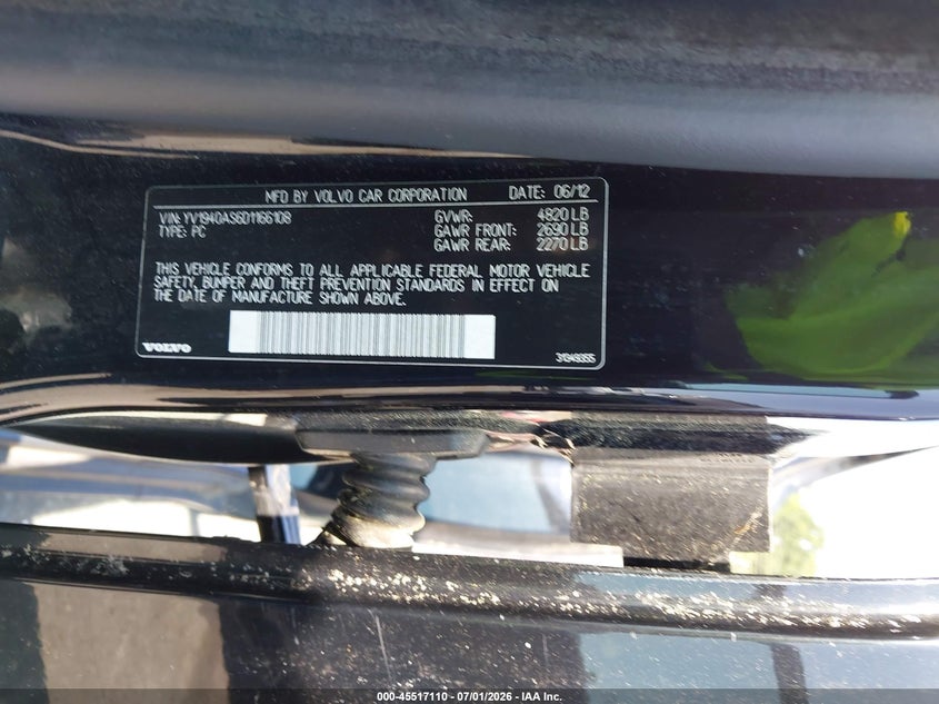 2013 Volvo S80 VIN YV1940AS6D1166108 IAAI salvage auction — NORMAL WEAR, Clear (South Carolina), sold $475 on 2026-07-27 (photo 9)