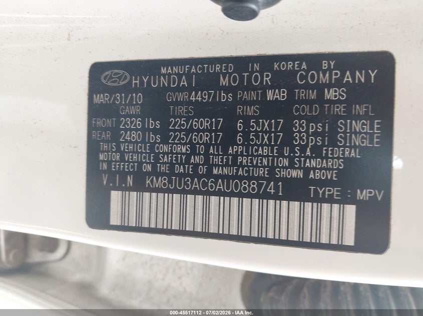 2010 Hyundai Tucson VIN KM8JU3AC6AU088741 IAAI salvage auction — NORMAL WEAR, Original (Texas), sold $1,850 on 2026-07-08 (photo 9)
