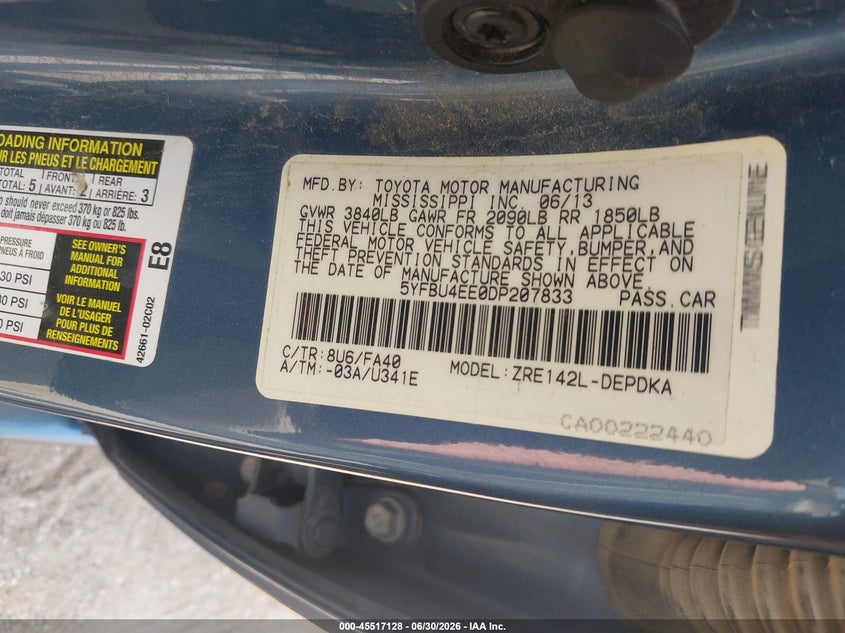 2013 Toyota Corolla VIN 5YFBU4EE0DP207833 IAAI salvage auction — FRONT END, Certificate Of Title (Nebraska), sold $3,050 on 2026-07-30 (photo 9)