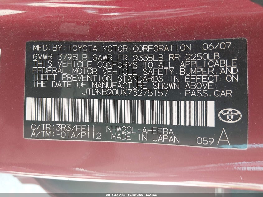 2007 Toyota Prius VIN JTDKB20UX73275157 IAAI salvage auction — NORMAL WEAR, Clear (Missouri), sold $1,625 on 2026-07-14 (photo 9)