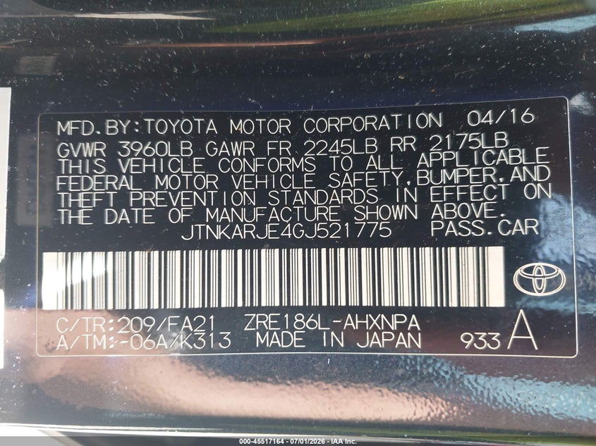 2016 Scion Im VIN JTNKARJE4GJ521775 IAAI salvage auction — REAR END, Salvage Title, sold $25 on 2026-07-30 (photo 9)