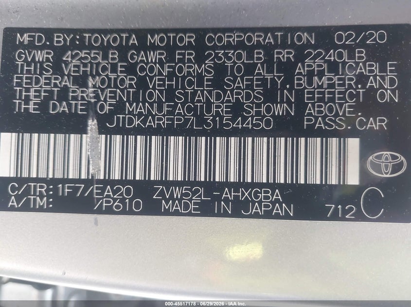 2020 Toyota Prius VIN JTDKARFP7L3154450 IAAI salvage auction — FRONT END, Salvage Title, sold $3,550 on 2026-07-27 (photo 9)