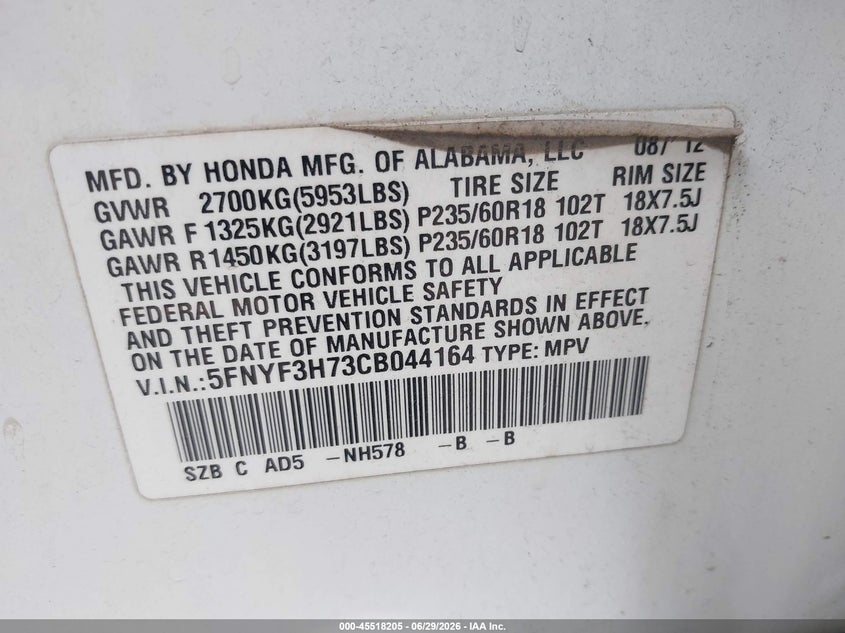 2012 Honda Pilot VIN 5FNYF3H73CB044164 IAAI salvage auction — NORMAL WEAR, Clear-Dealer Only (Oregon), sold $25 on 2026-07-09 (photo 9)