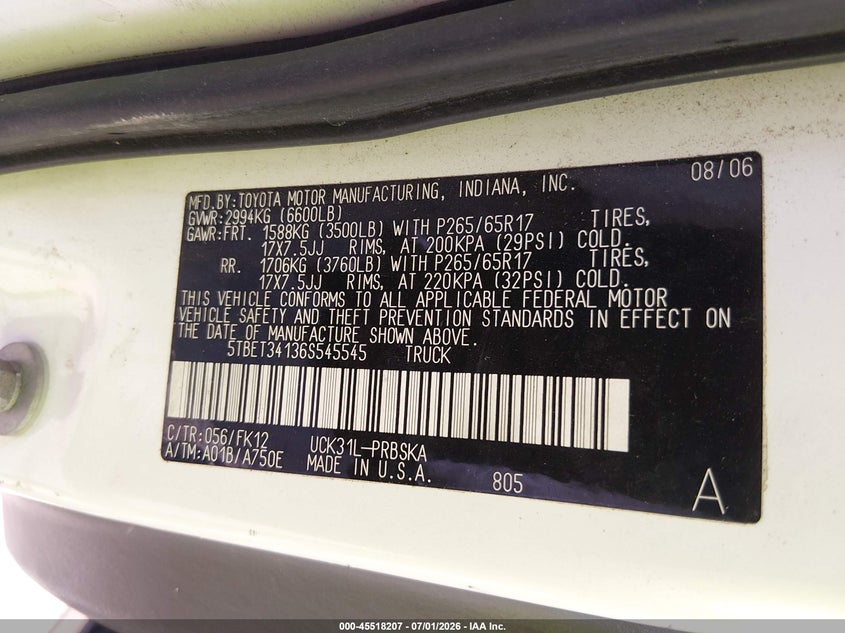 2006 Toyota Tundra VIN 5TBET34136S545545 IAAI salvage auction — NORMAL WEAR, Original (Texas), sold $2,150 on 2026-07-06 (photo 9)