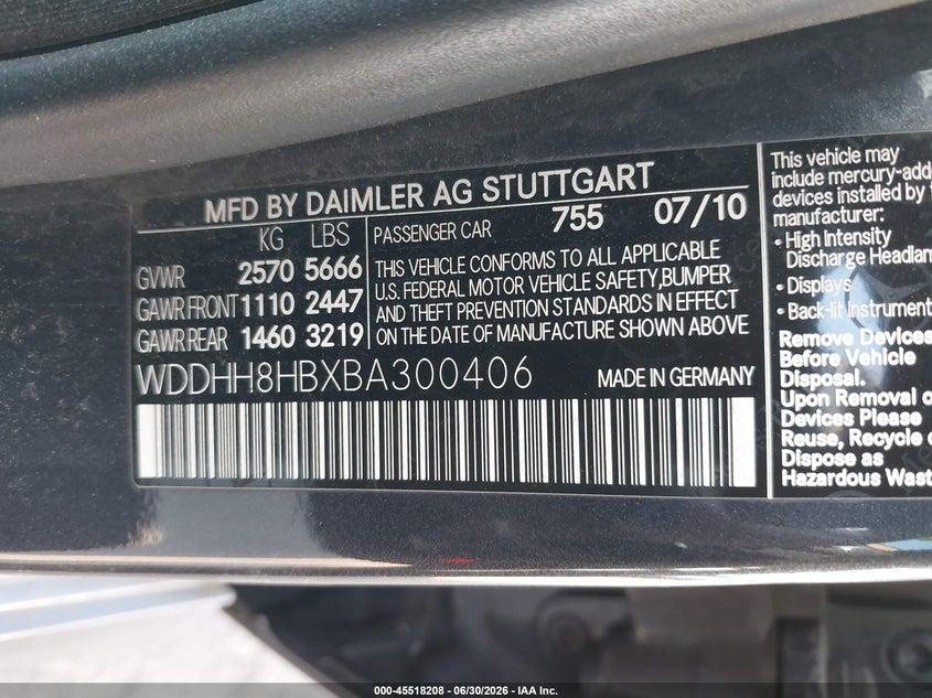 2011 Mercedes-benz E-class VIN WDDHH8HBXBA300406 IAAI salvage auction — UNDERCARRIAGE, Clear (New York), sold $1,050 on 2026-07-21 (photo 9)
