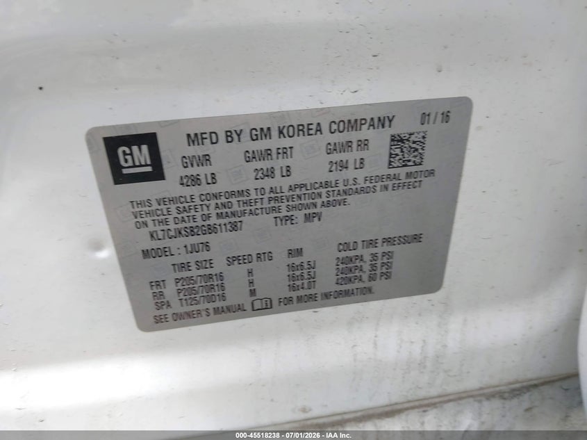 2016 Chevrolet Trax VIN KL7CJKSB2GB611387 IAAI salvage auction — REAR END, Salvage Title, sold $550 on 2026-07-21 (photo 9)