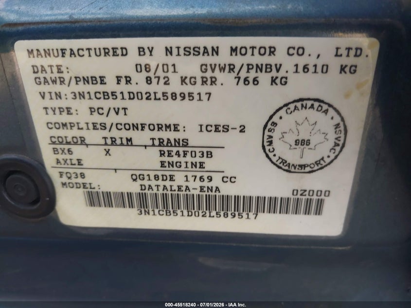 2002 Nissan Sentra VIN 3N1CB51D02L589517 IAAI salvage auction — REAR END, Bill Of Sale (Washington), sold $150 on 2026-07-22 (photo 9)