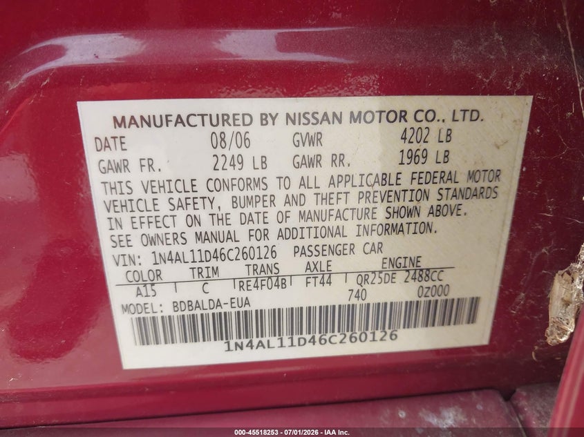 2006 Nissan Altima VIN 1N4AL11D46C260126 IAAI salvage auction — HAIL, Clear (Kansas), sold $200 on 2026-07-10 (photo 9)