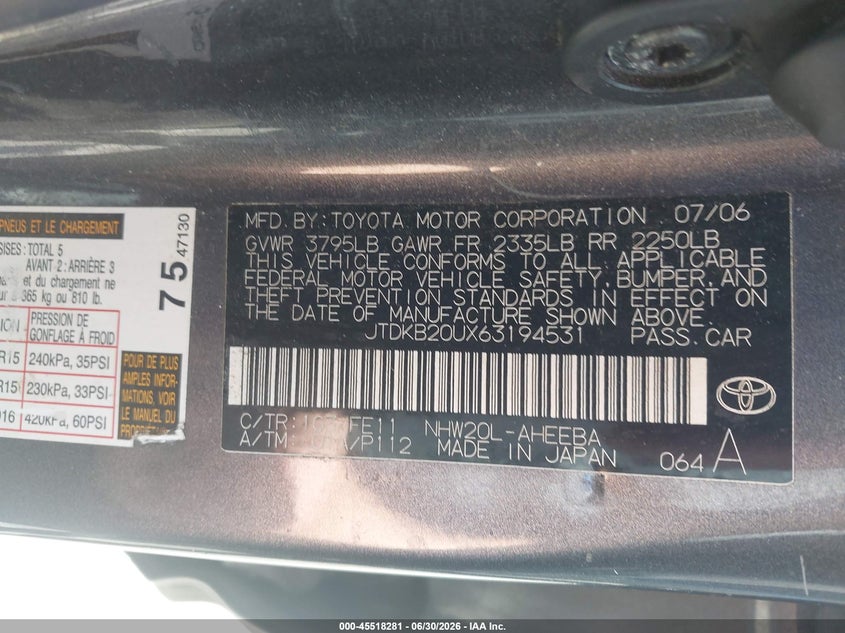 2006 Toyota Prius VIN JTDKB20UX63194531 IAAI salvage auction — REAR END, Salvage (California), sold $425 on 2026-07-22 (photo 9)