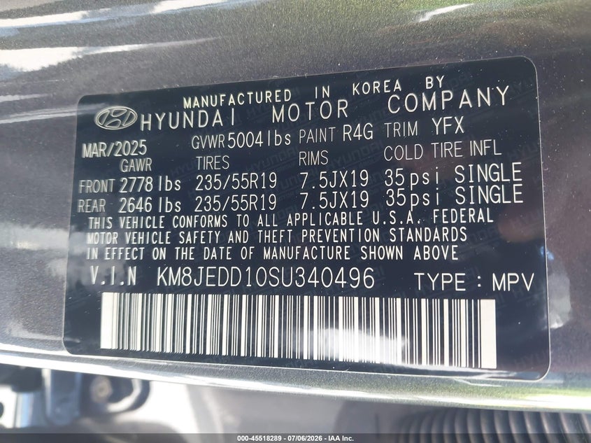 2025 Hyundai Tucson VIN KM8JEDD10SU340496 IAAI salvage auction — REAR END, Salvage Title, sold $17,650 on 2026-07-22 (photo 9)