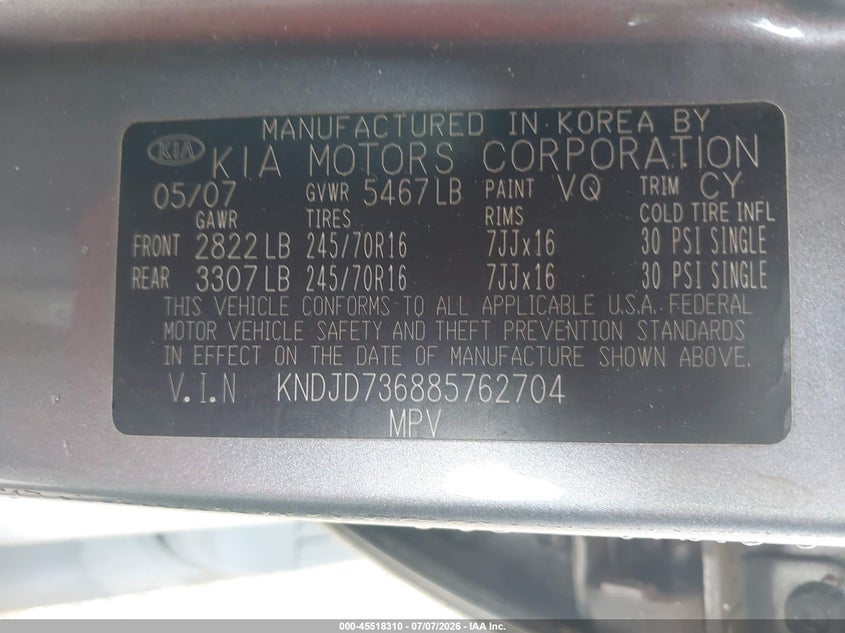 2008 Kia Sorento VIN KNDJD736885762704 IAAI salvage auction — NORMAL WEAR, Clear (Alabama), sold $375 on 2026-07-14 (photo 9)