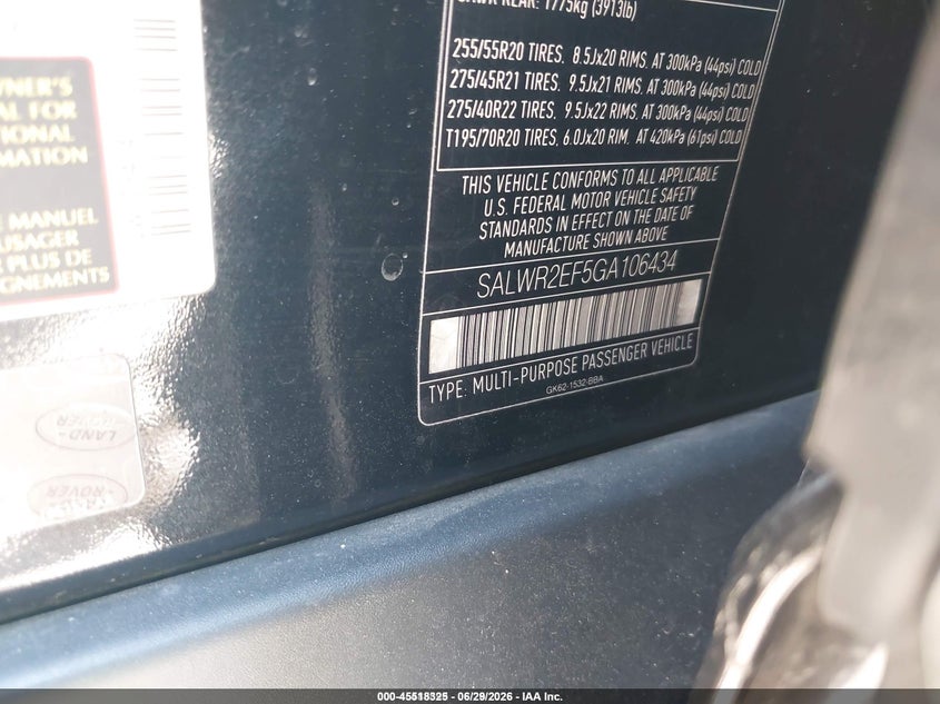2016 Land rover Range rover sport VIN SALWR2EF5GA106434 IAAI salvage auction — REPOSSESSION, Original (Texas), sold $325 on 2026-07-29 (photo 9)