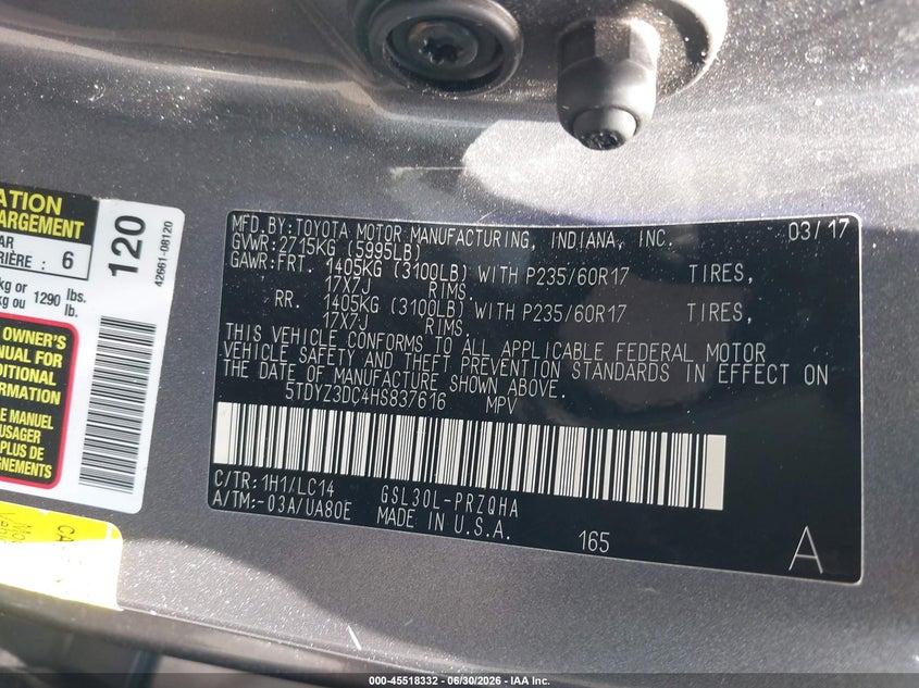 2017 Toyota Sienna VIN 5TDYZ3DC4HS837616 IAAI salvage auction — FRONT END, Salvage Title, sold $6,000 on 2026-07-31 (photo 9)