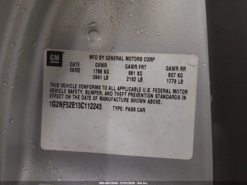 2003 Pontiac Grand am VIN 1G2NF52E13C112243 IAAI salvage auction — REAR END, Salvage (Idaho), sold $100 on 2026-07-17 (photo 9)