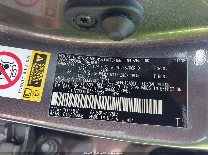 2019 Toyota Highlander VIN 5TDZZRFH9KS303261 IAAI salvage auction — REAR END, Salvage (California), sold $1,600 on 2026-07-28 (photo 9)
