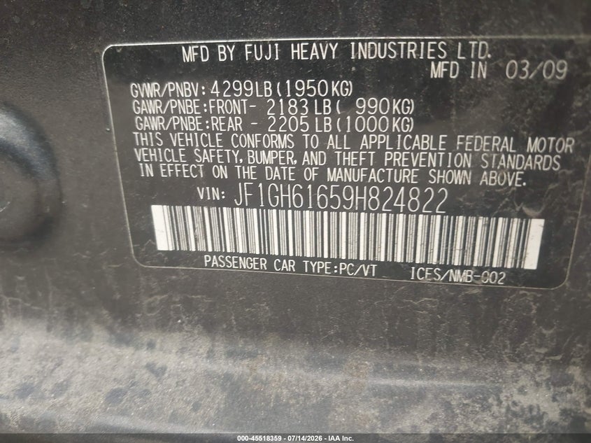 2009 Subaru Impreza VIN JF1GH61659H824822 IAAI salvage auction — FRONT END, Clear (Massachusetts), sold $425 on 2026-07-31 (photo 9)