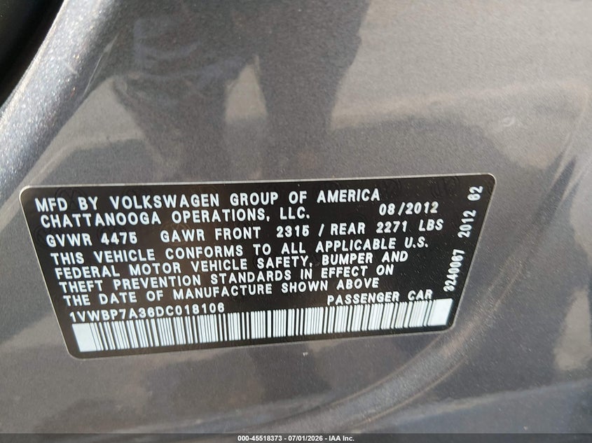 2013 Volkswagen Passat VIN 1VWBP7A36DC018106 IAAI salvage auction — SIDE, Salvage Title, sold $525 on 2026-07-19 (photo 9)