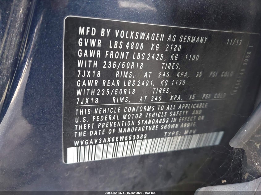 2014 Volkswagen Tiguan VIN WVGAV3AX6EW553089 IAAI salvage auction — NORMAL WEAR, Clear - Dealer Only (California), sold $225 on 2026-07-09 (photo 9)