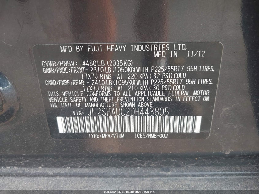 2013 Subaru Forester VIN JF2SHADC2DH443805 IAAI salvage auction — NORMAL WEAR, Clear (New York), sold $450 on 2026-07-28 (photo 9)