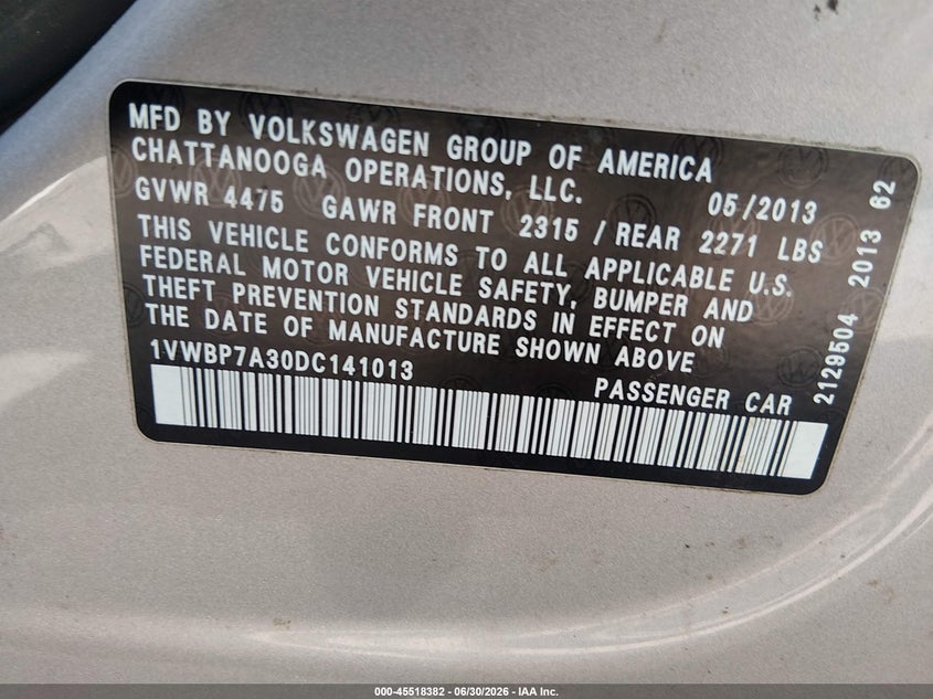 2013 Volkswagen Passat VIN 1VWBP7A30DC141013 IAAI salvage auction — RIGHT FRONT, Original (Texas), sold $775 on 2026-09-03 (photo 9)