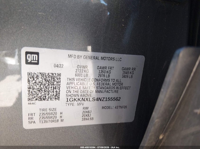 2022 Gmc Acadia VIN 1GKKNXLS4NZ155562 IAAI salvage auction — FRONT END, Salvage (Colorado), sold $9,500 on 2026-08-18 (photo 9)