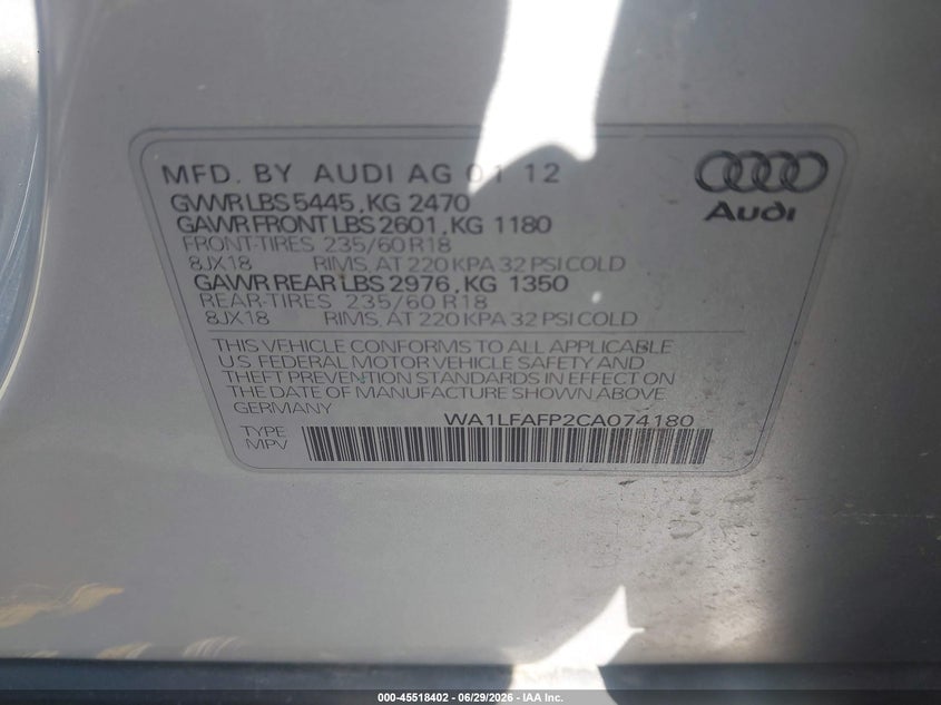 2012 Audi Q5 VIN WA1LFAFP2CA074180 IAAI salvage auction — LEFT FRONT, Salvage Rebuilt (North Carolina), sold $550 on 2026-07-29 (photo 9)