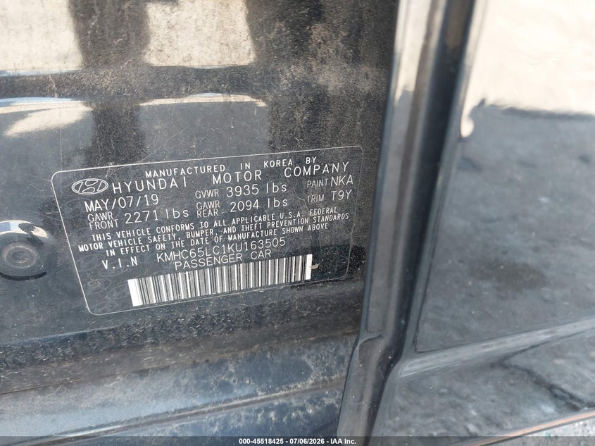 2019 Hyundai Ioniq VIN KMHC65LC1KU163505 IAAI salvage auction — NORMAL WEAR, Original (Texas), sold $1,050 on 2026-07-28 (photo 9)