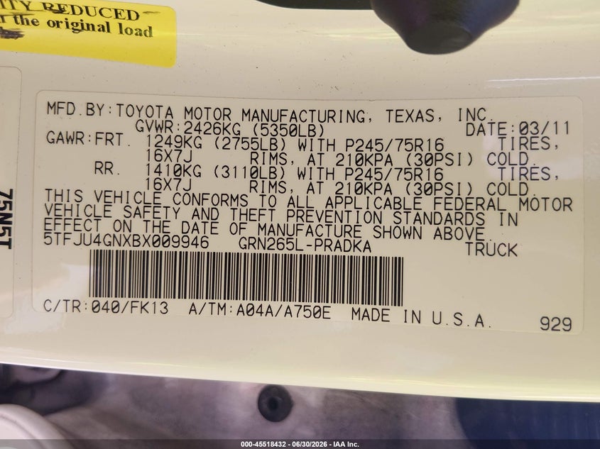 2011 Toyota Tacoma VIN 5TFJU4GNXBX009946 IAAI salvage auction — REAR END, Salvage (Louisiana), sold $5,700 on 2026-07-13 (photo 9)