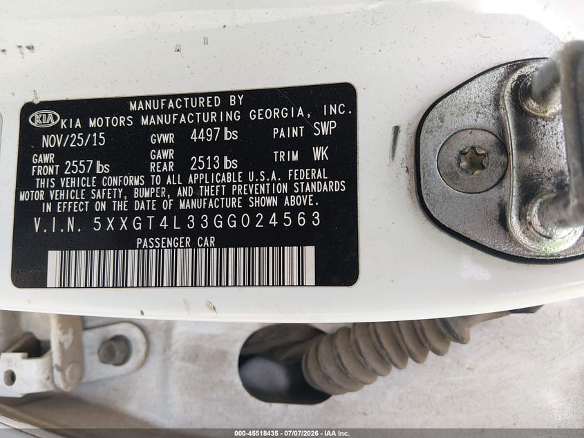 2016 Kia Optima VIN 5XXGT4L33GG024563 IAAI salvage auction — NORMAL WEAR, Clear (Louisiana), sold $225 on 2026-07-17 (photo 9)