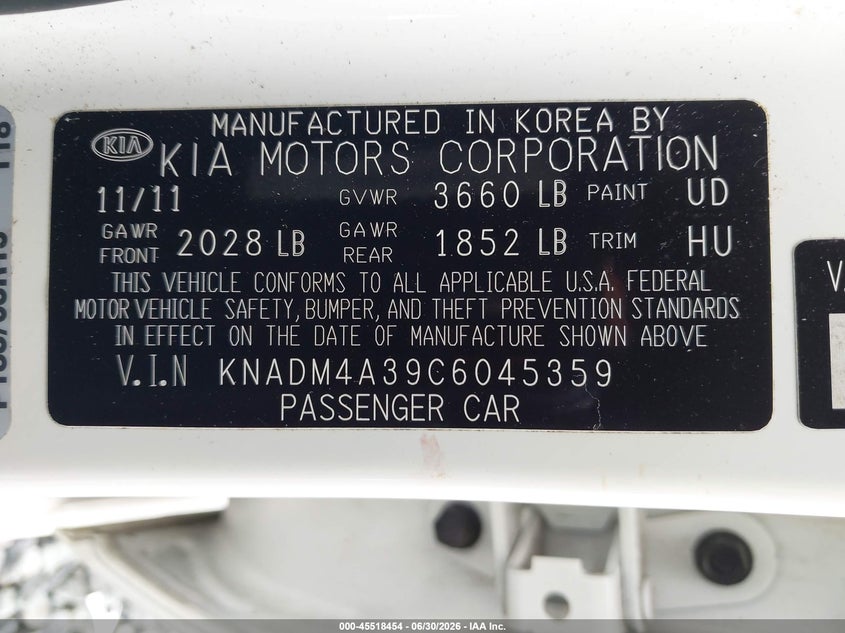 2012 Kia Rio VIN KNADM4A39C6045359 IAAI salvage auction — FRONT END, Bill Of Sale (Washington), sold $200 on 2026-07-29 (photo 9)